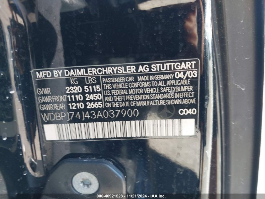2003 Mercedes-Benz Cl 55 Amg VIN: WDBPJ74J43A037900 Lot: 40921528