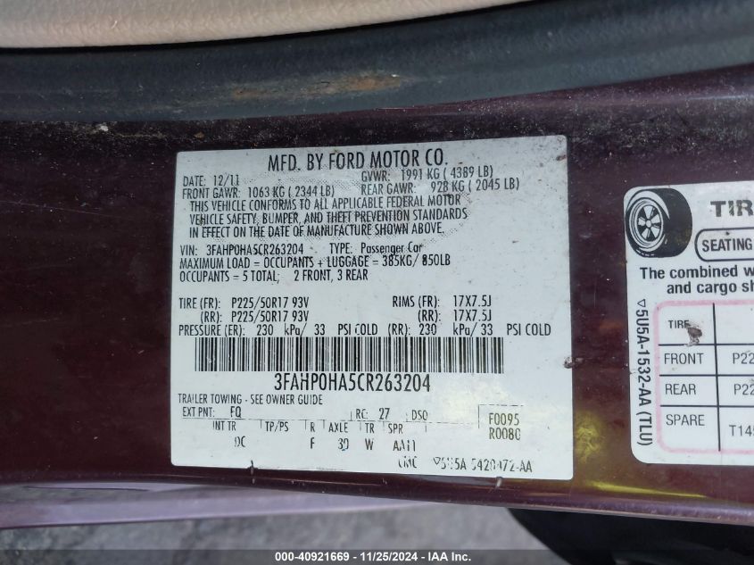 2012 Ford Fusion Se VIN: 3FAHP0HA5CR263204 Lot: 40921669