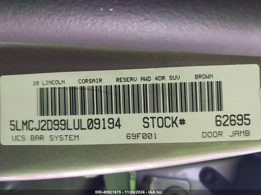 2020 Lincoln Corsair Reserve VIN: 5LMCJ2D99LUL09194 Lot: 40921675
