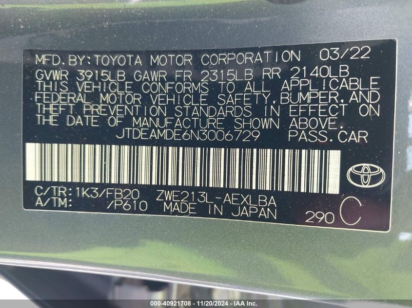 VIN JTDEAMDE6N3006729 2022 Toyota Corolla, Hybrid Le no.9