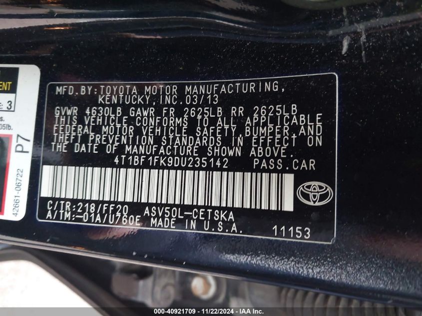 VIN 4T1BF1FK9DU235142 2013 Toyota Camry, SE no.9