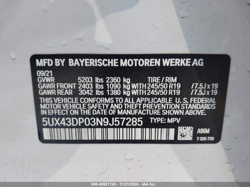 2022 BMW X3 Sdrive30I VIN: 5UX43DP03N9J57285 Lot: 40921743