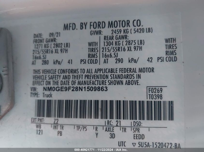 VIN NM0GE9F28N1509863 2022 Ford Transit, Connect Xl... no.9