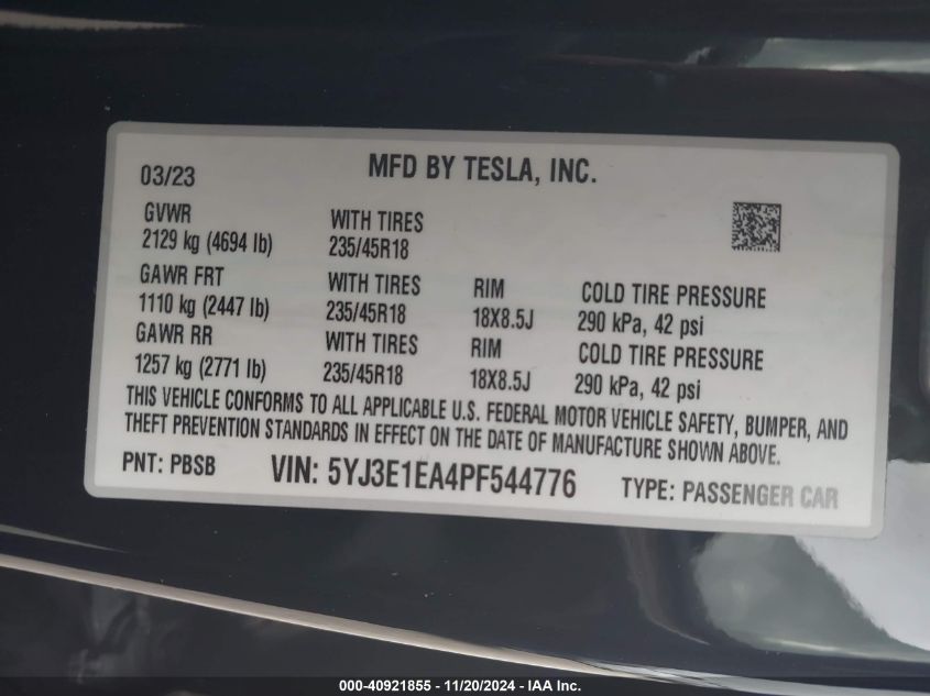 VIN 5YJ3E1EA4PF544776 2023 TESLA MODEL 3 no.9