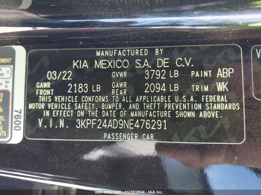 2022 Kia Forte Fe/Lxs VIN: 3KPF24AD9NE476291 Lot: 40921905