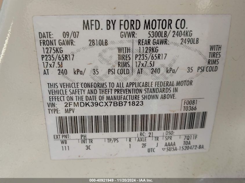 2007 Ford Edge Sel Plus VIN: 2FMDK39CX7BB71823 Lot: 40921949