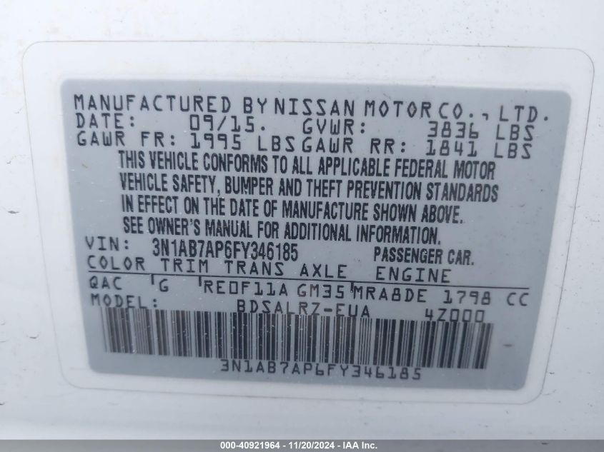 2015 Nissan Sentra Sr VIN: 3N1AB7AP6FY346185 Lot: 40921964