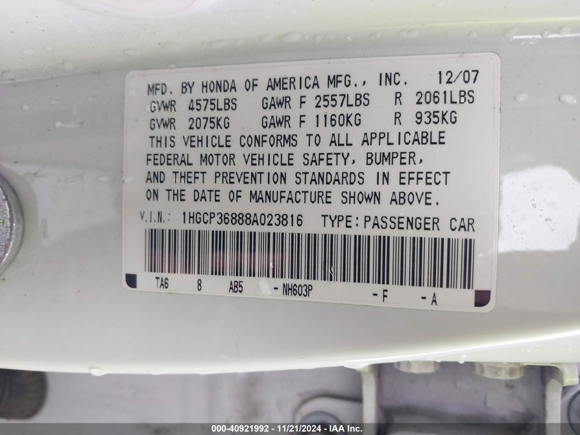 2008 HONDA ACCORD VIN: 1HGCP36888A023816
