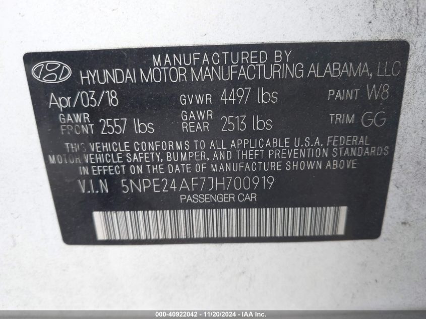 VIN 5NPE24AF7JH700919 2018 HYUNDAI SONATA SE