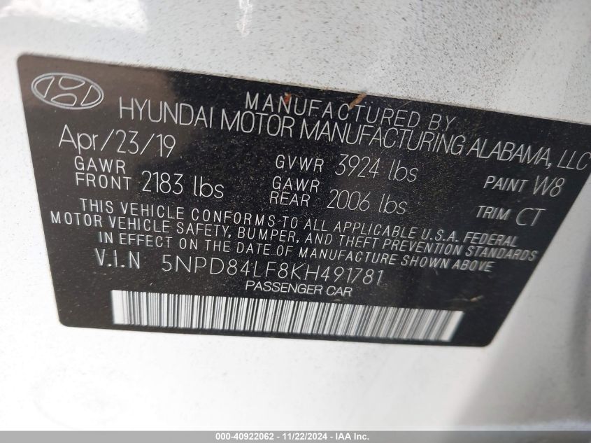 VIN 5NPD84LF8KH491781 2019 Hyundai Elantra, Sel no.9