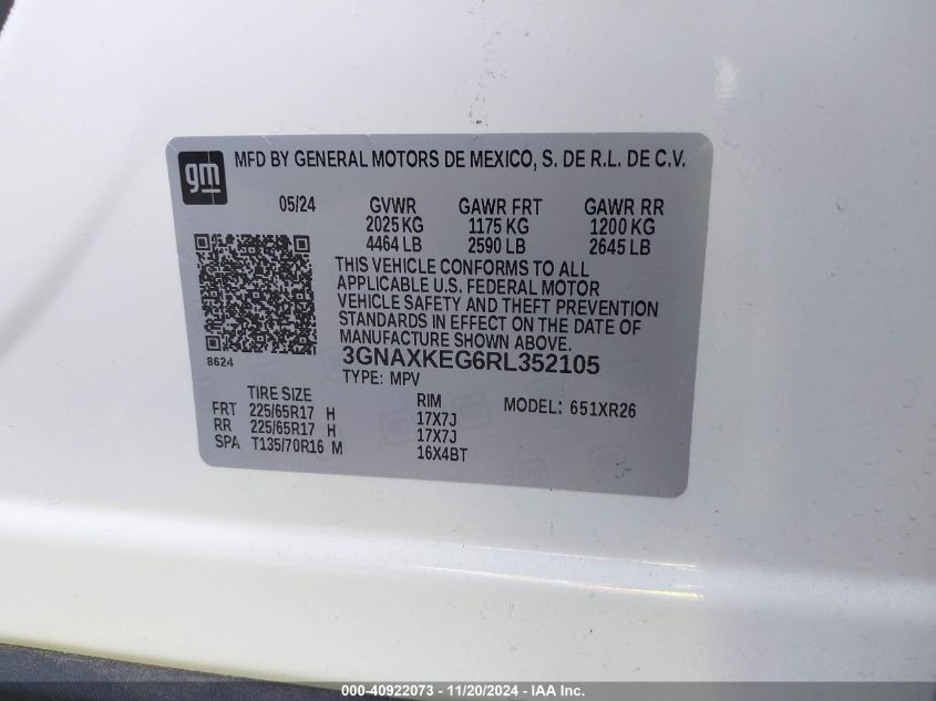 2024 Chevrolet Equinox Fwd Lt VIN: 3GNAXKEG6RL352105 Lot: 40922073