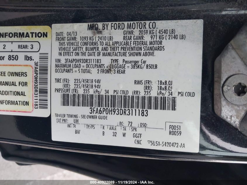 2013 FORD FUSION SE - 3FA6P0H93DR311183