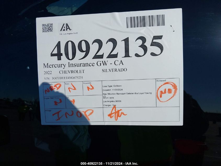 2022 CHEVROLET SILVERADO VIN: 3GCUDEET4NG675231
