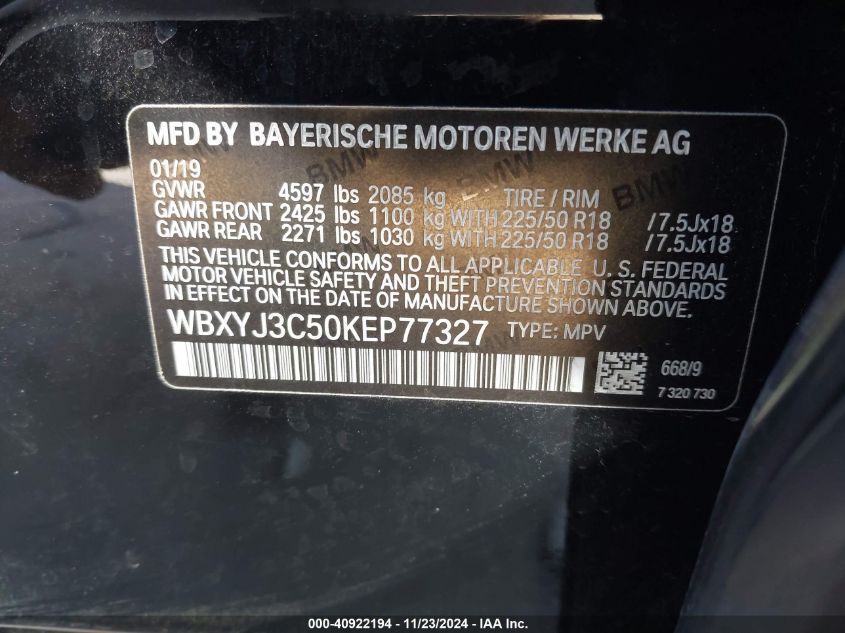 2019 BMW X2 Sdrive28I VIN: WBXYJ3C50KEP77327 Lot: 40922194