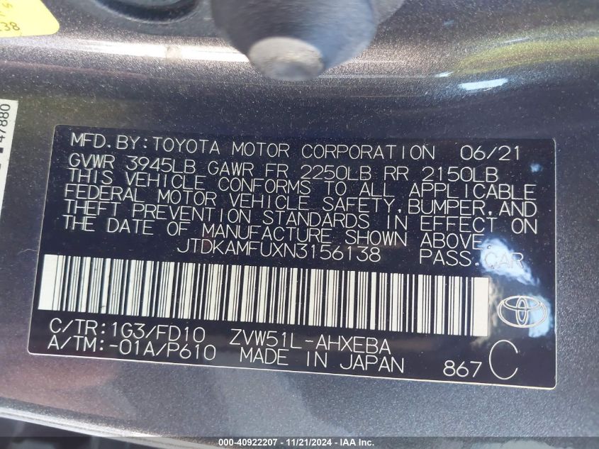 2022 Toyota Prius Le VIN: JTDKAMFUXN3156138 Lot: 40922207