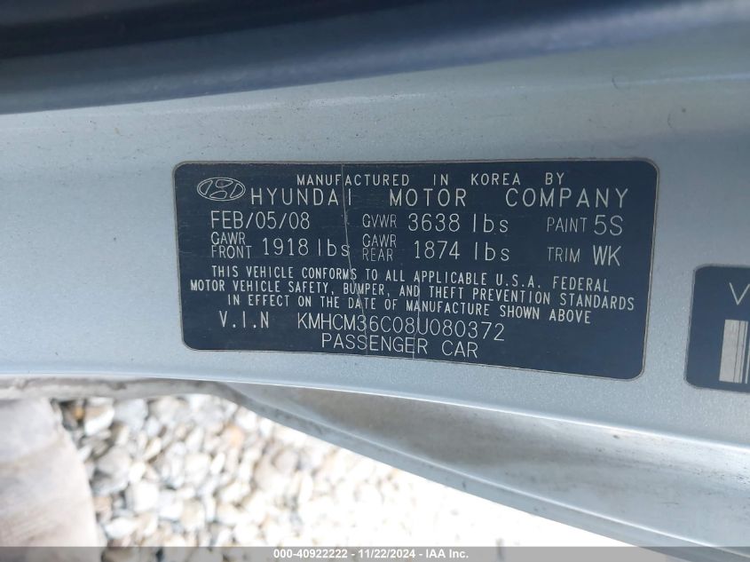 2008 Hyundai Accent Gs VIN: KMHCM36C08U080372 Lot: 40922222