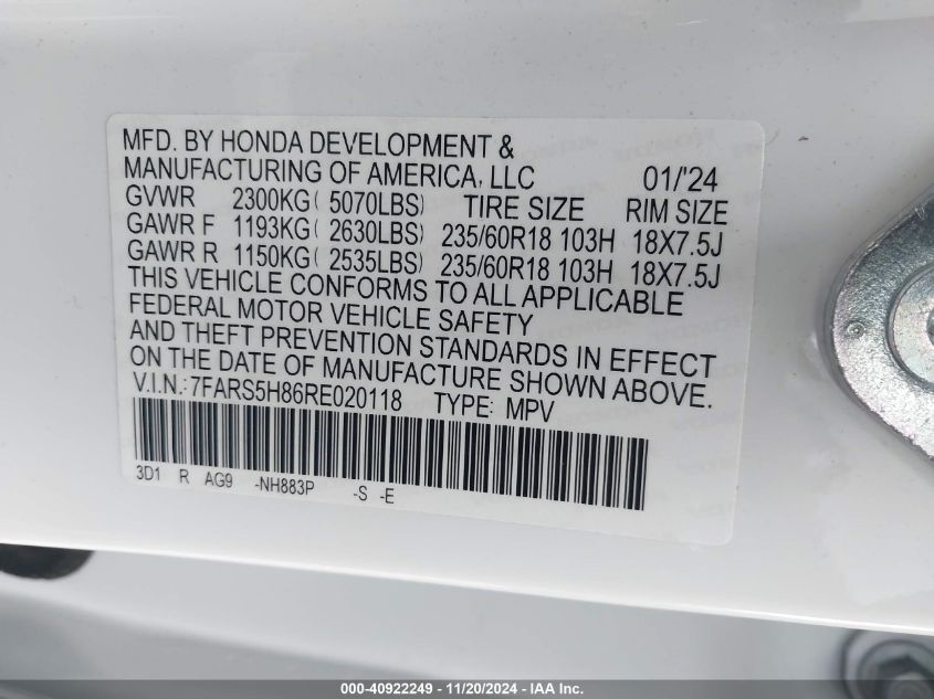 2024 Honda Cr-V Hybrid Sport-L VIN: 7FARS5H86RE020118 Lot: 40922249