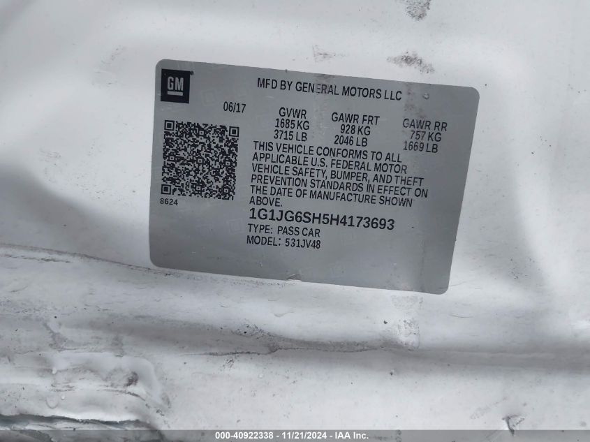 2017 CHEVROLET SONIC VIN: 1G1JG6SH5H4173693