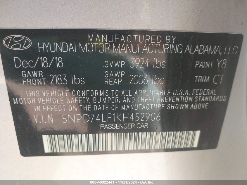 2019 HYUNDAI ELANTRA VIN: 5NPD74LF1KH452906