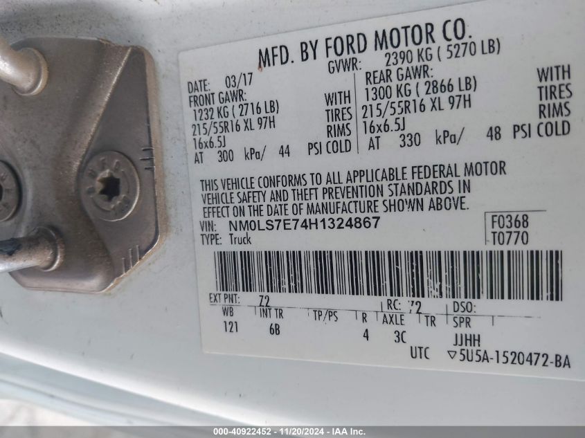 VIN NM0LS7E74H1324867 2017 FORD TRANSIT CONNECT XL