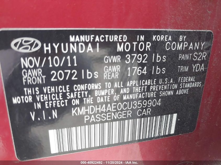 2012 Hyundai Elantra Gls (Ulsan Plant) VIN: KMHDH4AE0CU359904 Lot: 40922492