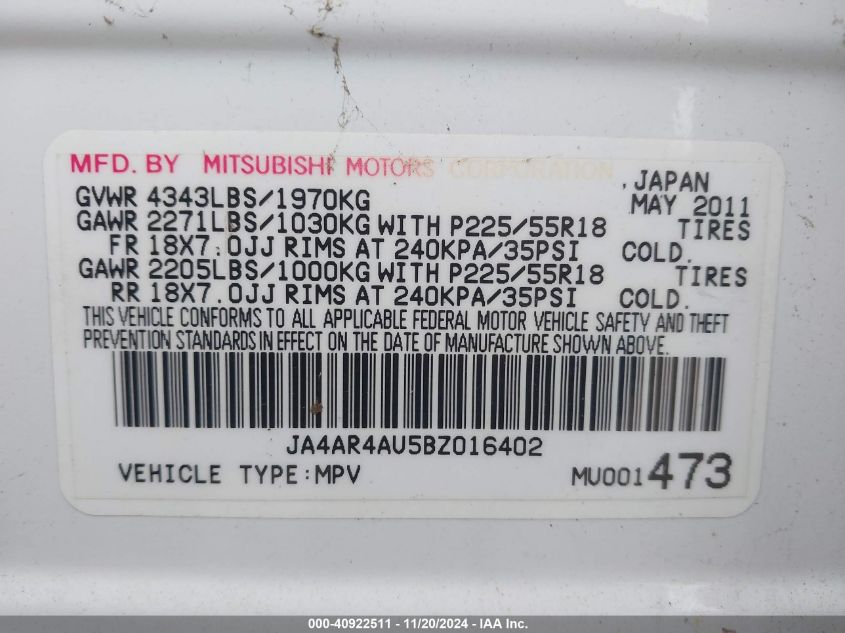 2011 Mitsubishi Outlander Sport Se VIN: JA4AR4AU5BZ016402 Lot: 40922511