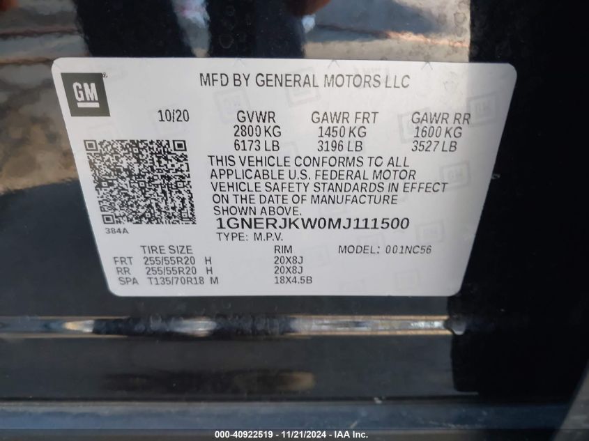 2021 Chevrolet Traverse Fwd Rs VIN: 1GNERJKW0MJ111500 Lot: 40922519