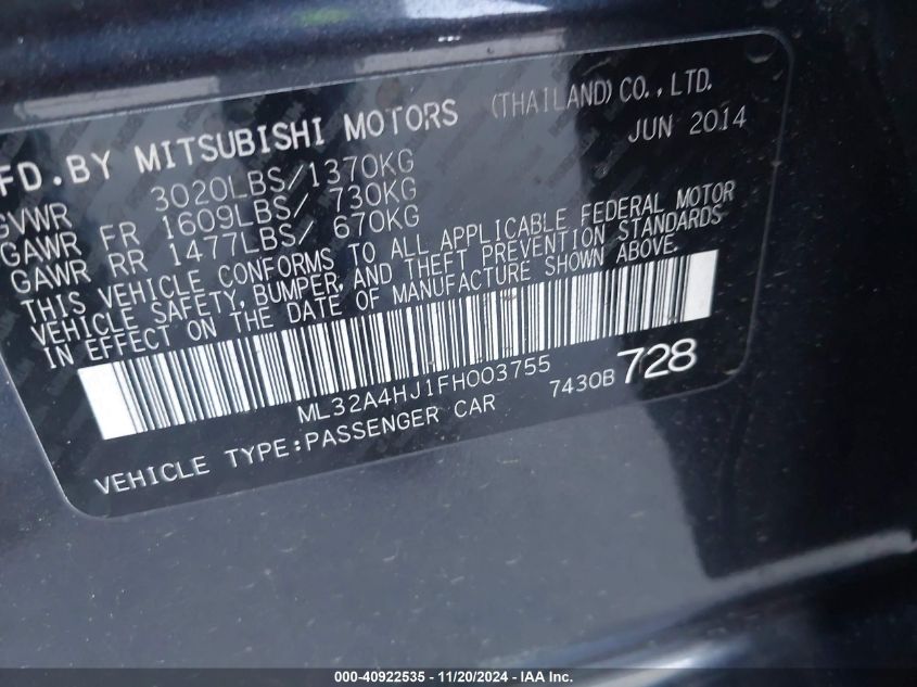 2015 Mitsubishi Mirage Es VIN: ML32A4HJ1FH003755 Lot: 40922535