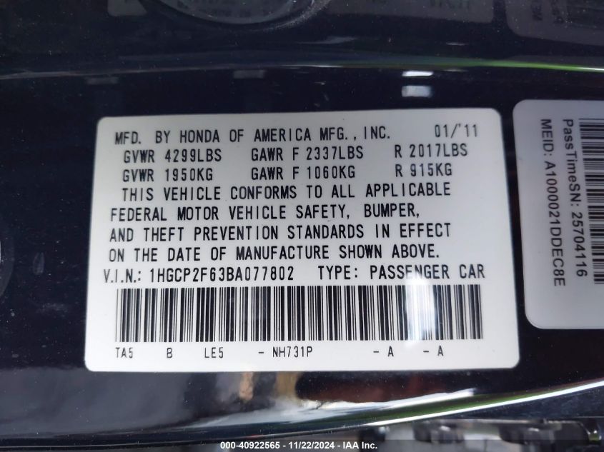 2011 Honda Accord 2.4 Se VIN: 1HGCP2F63BA077802 Lot: 40922565