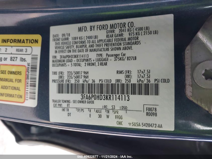 VIN 3FA6P0HD3KR114113 2019 FORD FUSION no.9