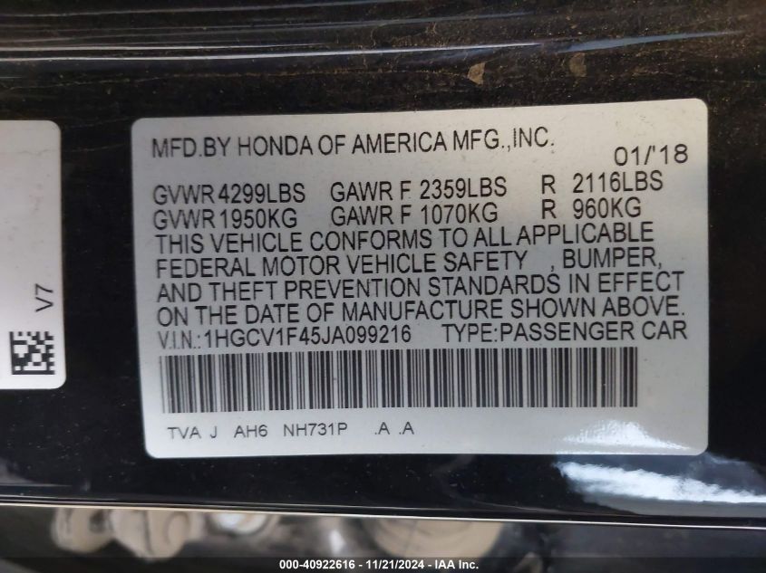 VIN 1HGCV1F45JA099216 2018 HONDA ACCORD EX