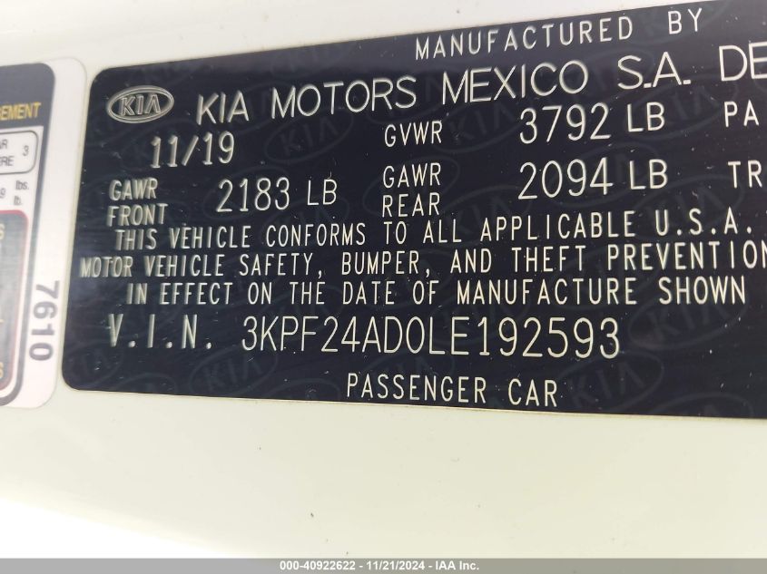 2020 Kia Forte Lxs VIN: 3KPF24AD0LE192593 Lot: 40922622