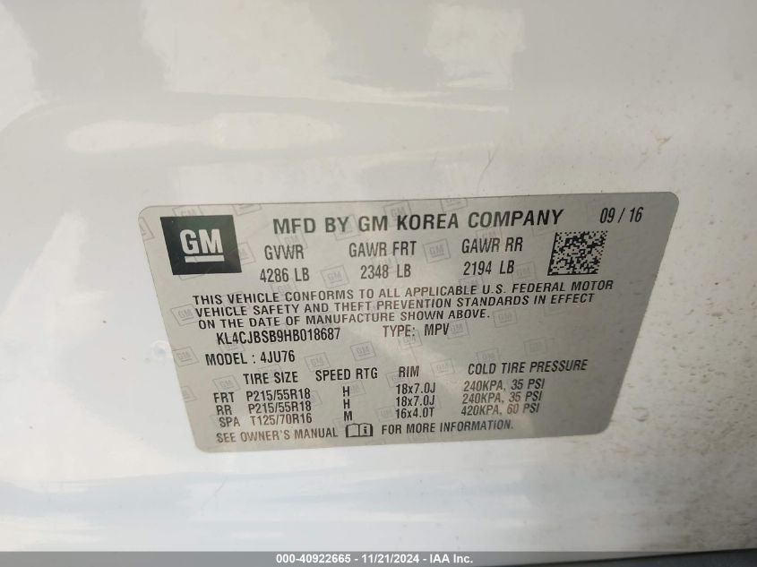 VIN KL4CJBSB9HB018687 2017 Buick Encore, Preferred Ii no.9