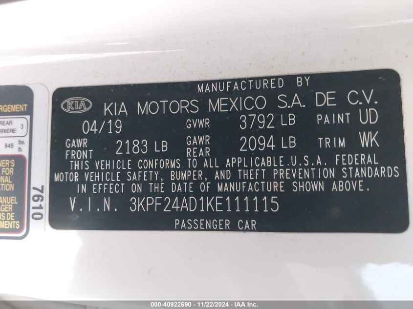 2019 Kia Forte Lxs VIN: 3KPF24AD1KE111115 Lot: 40922690