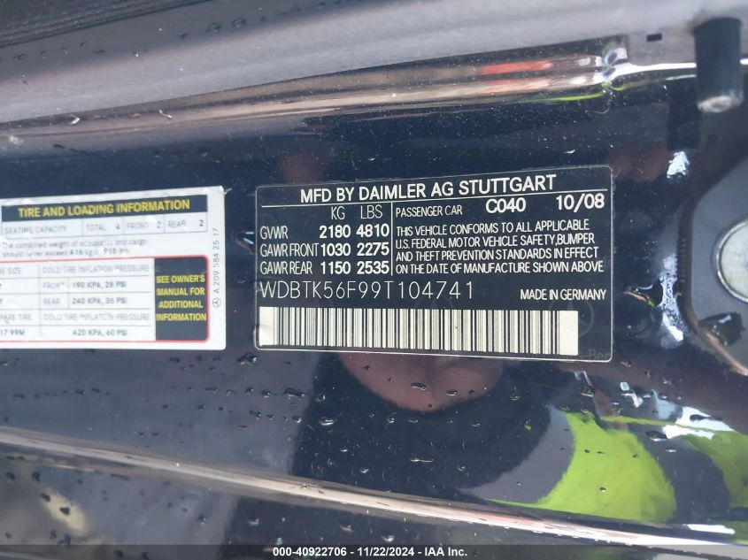 2009 MERCEDES-BENZ CLK 350 VIN: WDBTK56F99T104741