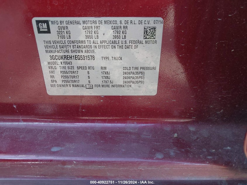 2014 CHEVROLET SILVERADO VIN: 3GCUKREH1EG531578