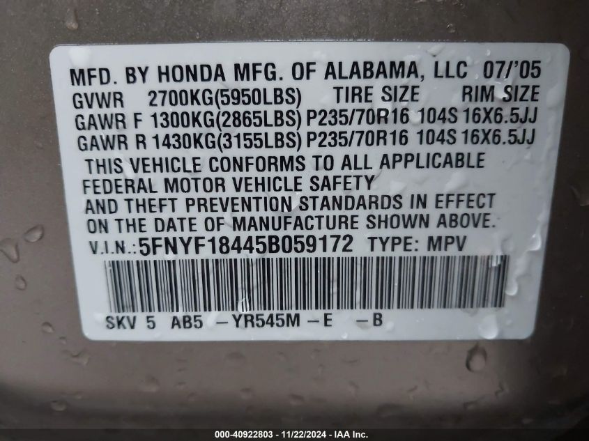 2005 Honda Pilot Ex VIN: 5FNYF18445B059172 Lot: 40922803