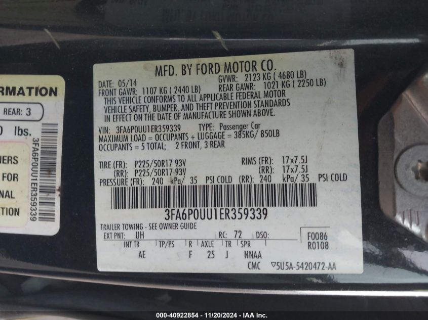 VIN 3FA6P0UU1ER359339 2014 FORD FUSION HYBRID no.9