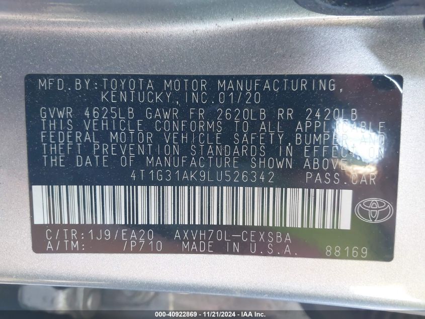 2020 Toyota Camry Se Hybrid VIN: 4T1G31AK9LU526342 Lot: 40922869