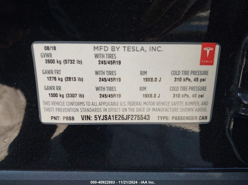 2018 Tesla Model S 100D/75D/P100D VIN: 5YJSA1E26JF275543 Lot: 40922883