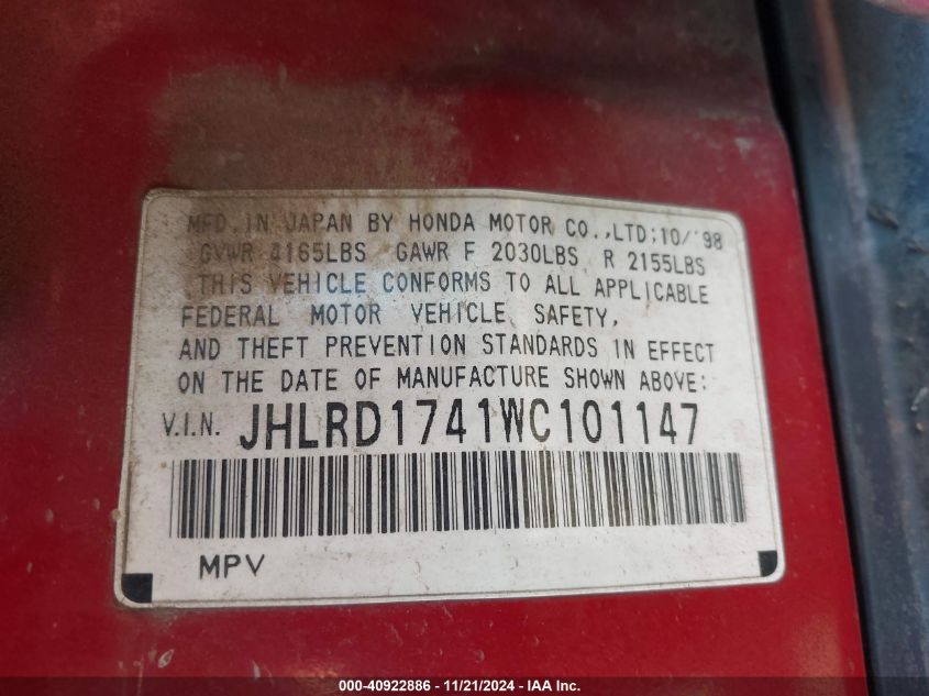 1998 Honda Cr-V Lx VIN: JHLRD1741WC101147 Lot: 40922886