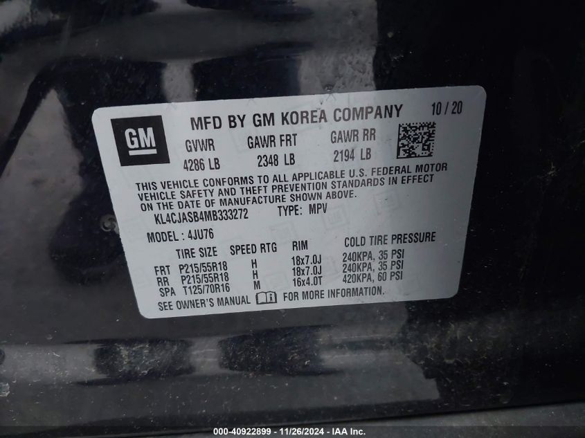 2021 Buick Encore Fwd Preferred VIN: KL4CJASB4MB333272 Lot: 40922899