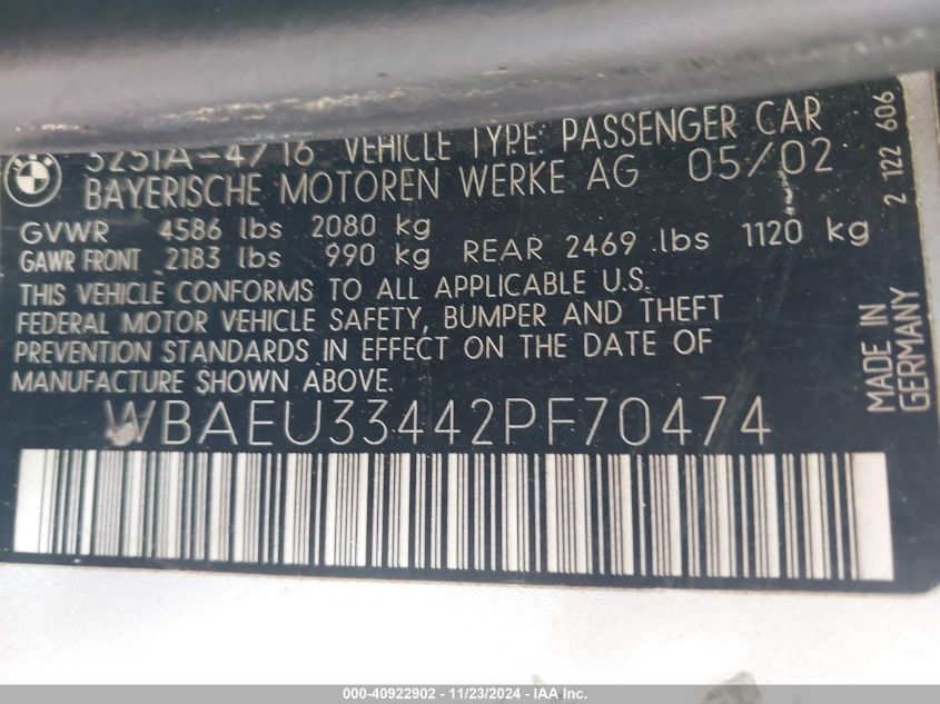 2002 BMW 325Xi VIN: WBAEU33442PF70474 Lot: 40922902
