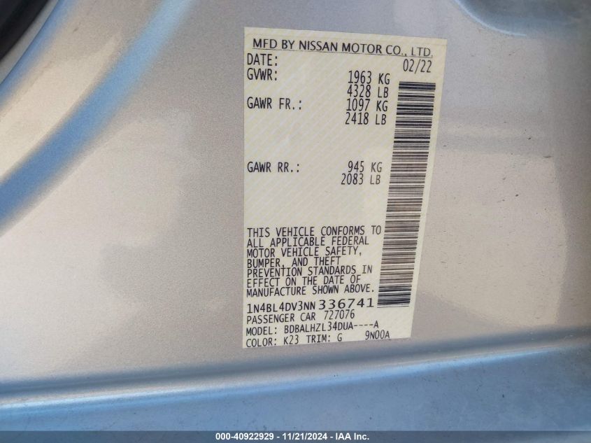 2022 Nissan Altima Sv Fwd VIN: 1N4BL4DV3NN336741 Lot: 40922929