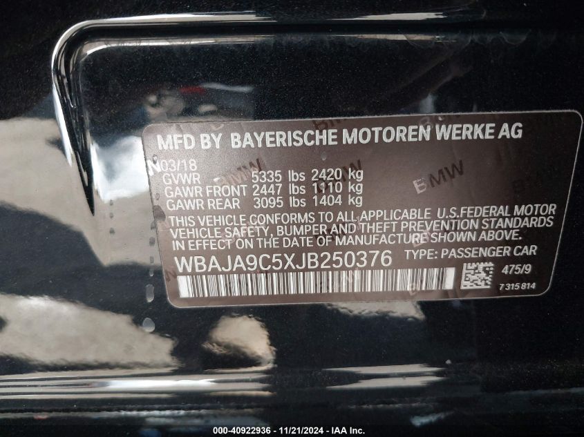 VIN WBAJA9C5XJB250376 2018 BMW 5 Series, 530E Iperf... no.9