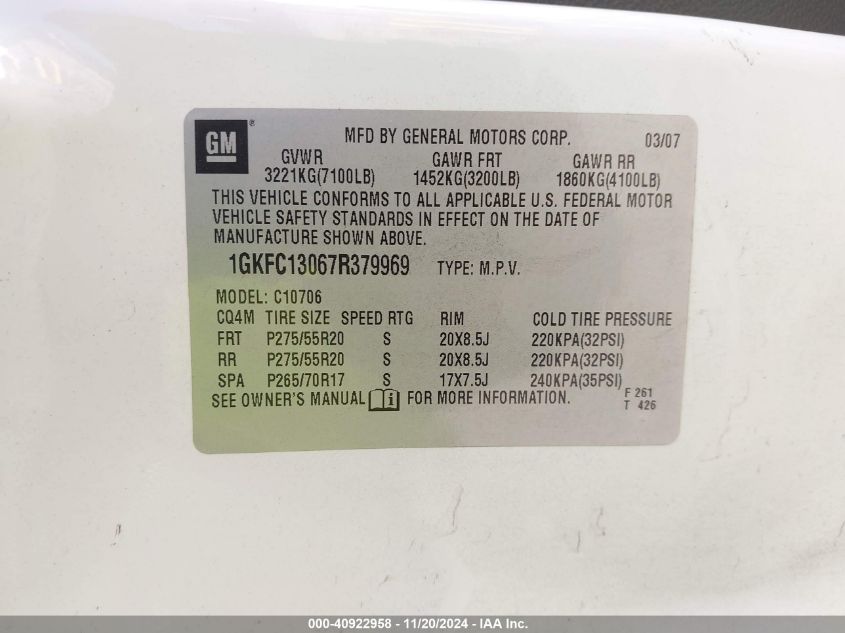 2007 GMC Yukon Slt VIN: 1GKFC13067R379969 Lot: 40922958