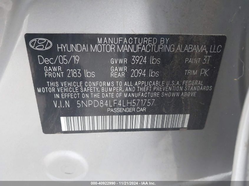 2020 Hyundai Elantra Sel VIN: 5NPD84LF4LH571757 Lot: 40922990