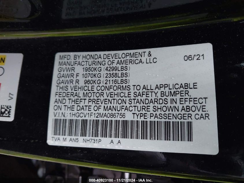 2021 Honda Accord Lx VIN: 1HGCV1F12MA086756 Lot: 40923100