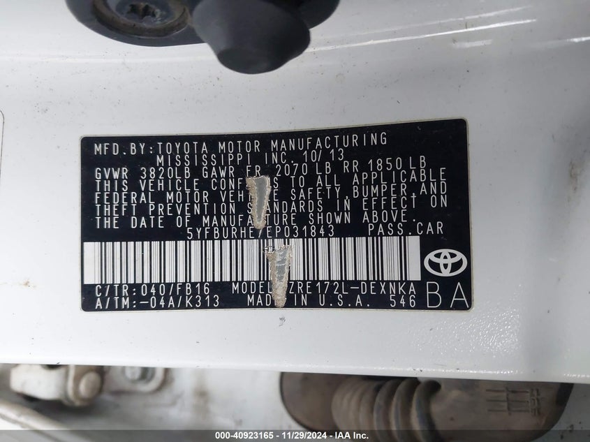2014 TOYOTA COROLLA VIN: 5YFBURHE7EP031843