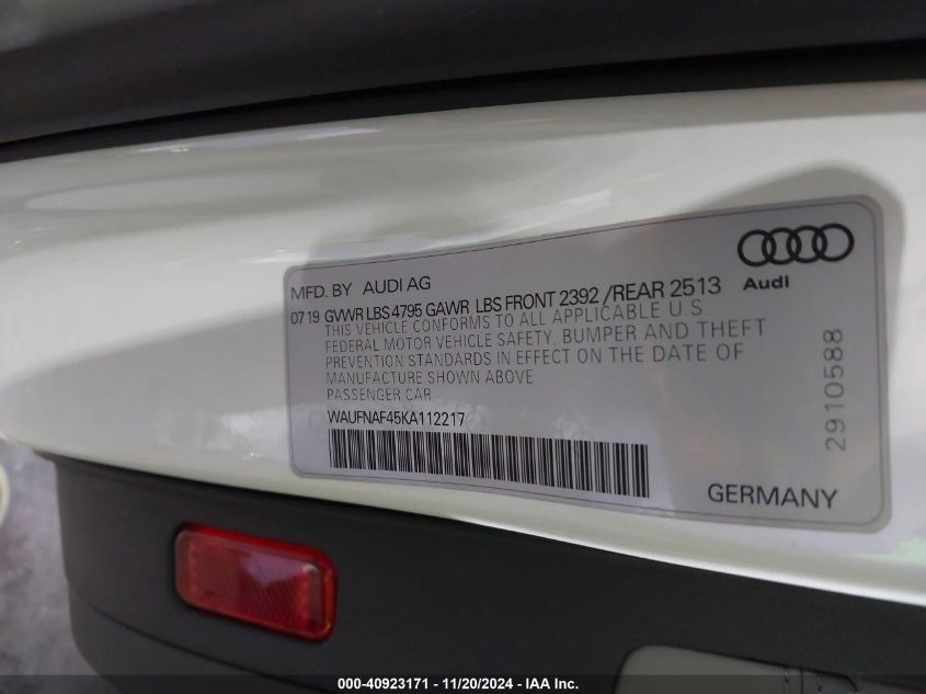 2019 Audi A4 45 Premium VIN: WAUFNAF45KA112217 Lot: 40923171